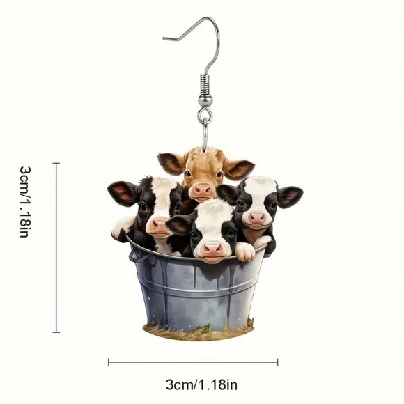 New Adorable Bucket Cow Design Dangle Acrylic Earrings - Picture 3 of 6